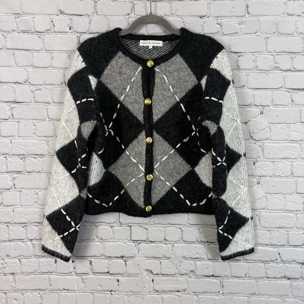 English Factory Argyle Cardigan Women S Heavyweight Cross Stitch Knit Black Gray